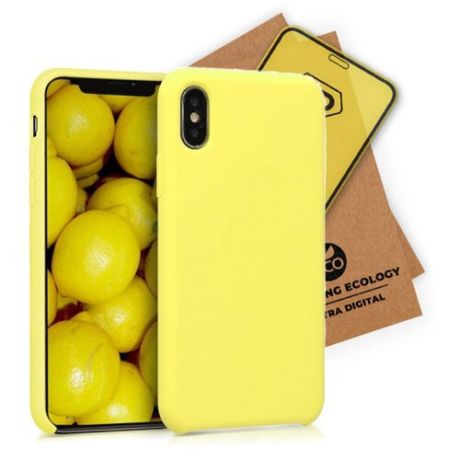 Чехол накладка для iPhone XS Max с подкладкой из микрофибры / комплект с защитным стеклом / желтый