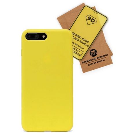 Чехол накладка для iPhone 8 Plus с подкладкой из микрофибры / комплект с защитным стеклом / желтый