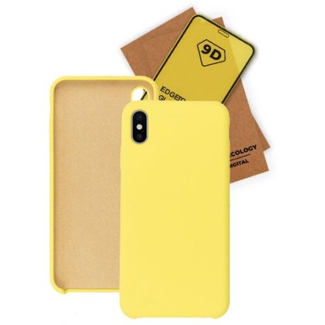 Чехол накладка для iPhone XS с подкладкой из микрофибры / комплект с защитным стеклом / желтый