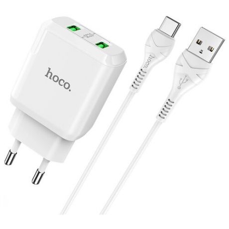 Адаптер питания Hoco N6 Charmer dual port QC3.0 charger с кабелем Type-C (2USB: 5V max 3.0A) 18W Белый