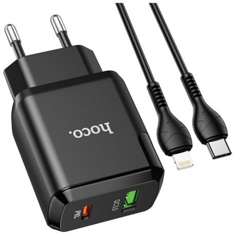 Адаптер питания Hoco N5 Favor dual port PD+QC 3.0 charger с кабелем Lightning to Type-C (USB: 5V max 3.0A/ 20Вт) Черный