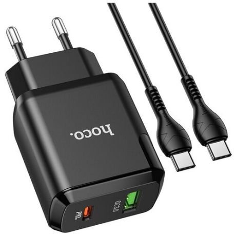 Адаптер питания Hoco N5 Favor dual port PD+QC 3.0 charger с кабелем Type-C to Type-C (USB: 5V max 3.0A/ 20Вт) Черный