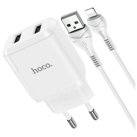 Адаптер питания Hoco N7 Speedy dual port charger с кабелем Lightning (2USB: 5V max 2.1A) Белый