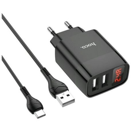 Адаптер питания Hoco C86A lllustrious charger с кабелем Type-C (2USB: 5V max 2.4A) с дисплеем Черный