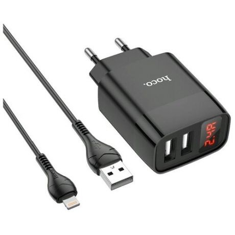 Адаптер питания Hoco C86A lllustrious charger с кабелем Lightning (2USB: 5V max 2.4A) с дисплеем Черный