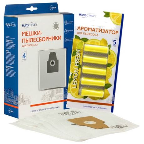 Мешки-пылесборники Euroclean E-06/4, 4 шт синтетические для пылесоса и ароматизатор Лимон для пылесоса
