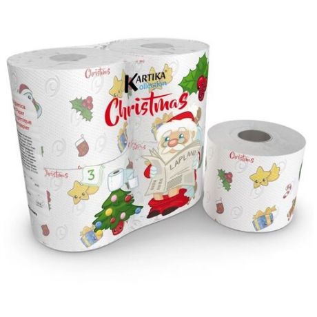 Комплект туалетной бумаги "Рождество" с рисунком, 3 слоя (4 рулона по 200 листов) (количество товаров в комплекте: 4)