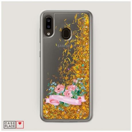 Чехол Жидкий с блестками Samsung Galaxy A20 Цветы в ленте