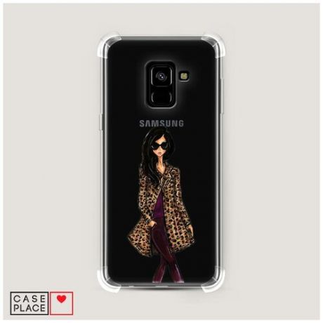 Чехол силиконовый Противоударный Samsung Galaxy A8 2018 Девушка в леопардовой шубе