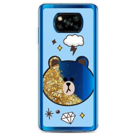 Жидкий чехол с блестками "Медведь Браун на голубом фоне" на Xiaomi Poco X3 NFC / Сяоми Поко X3 NFC