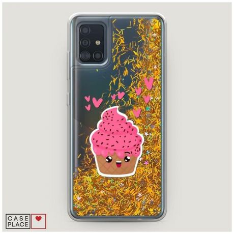 Чехол Жидкий с блестками Samsung Galaxy A51 Влюбленный капкейк