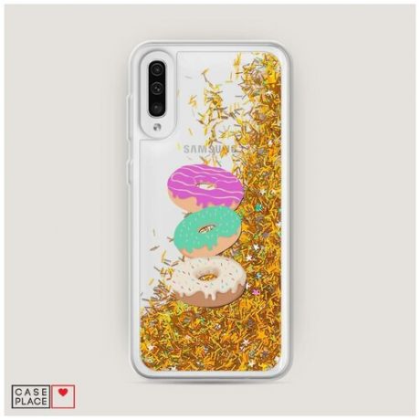 Чехол Жидкий с блестками Samsung Galaxy A30s Разноцветные пончики в глазури 1