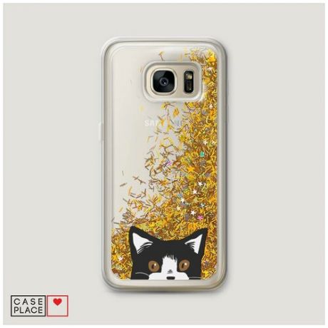 Чехол Жидкий с блестками Samsung Galaxy S7 Подглядывающий кот