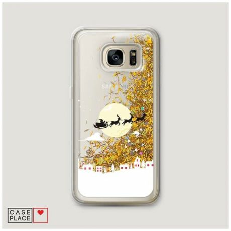 Чехол Жидкий с блестками Samsung Galaxy S7 Деда Мороз в санках