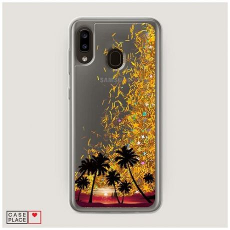 Чехол Жидкий с блестками Samsung Galaxy A30 Закат и пальмы