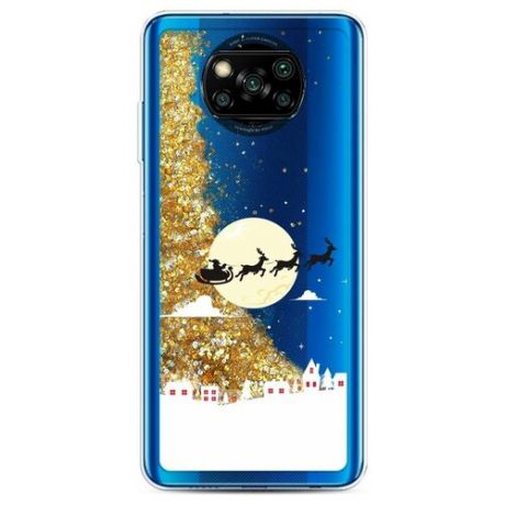 Жидкий чехол с блестками "Деда Мороз в санках" на Xiaomi Poco X3 NFC / Сяоми Поко X3 NFC