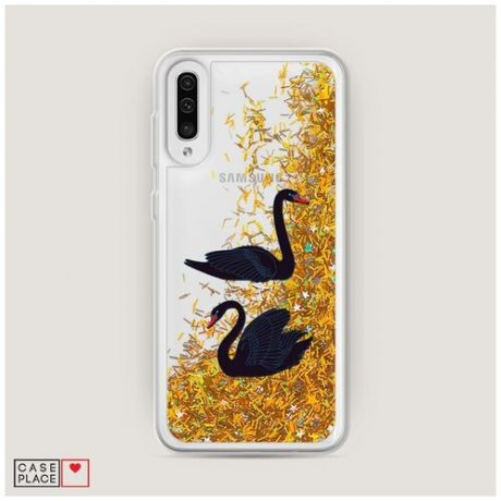 Чехол Жидкий с блестками Samsung Galaxy A50 Black swan