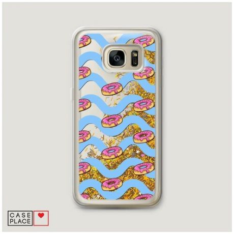 Чехол Жидкий с блестками Samsung Galaxy S7 Пончики розовая глазурь фон