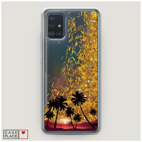 Чехол Жидкий с блестками Samsung Galaxy A51 Закат и пальмы