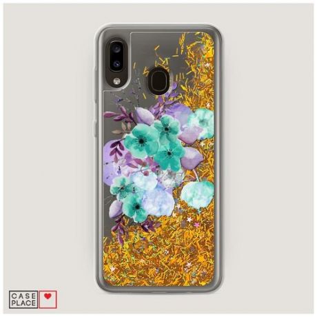 Чехол Жидкий с блестками Samsung Galaxy A20 Акварельные бирюзовые цветы