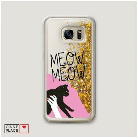 Чехол Жидкий с блестками Samsung Galaxy S7 Meow Meow черный кот