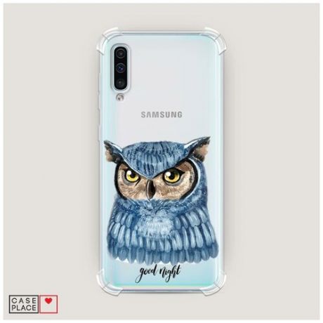 Чехол силиконовый Противоударный Samsung Galaxy A50 Совенок с голубыми перьями