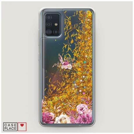 Чехол Жидкий с блестками Samsung Galaxy A51 Нежные розовые цветы