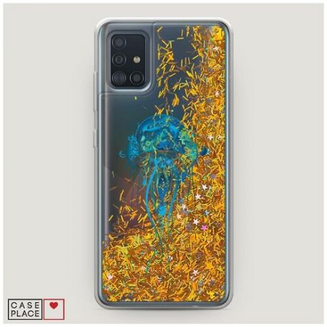 Чехол Жидкий с блестками Samsung Galaxy A51 Голубая медуза