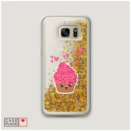 Чехол Жидкий с блестками Samsung Galaxy S7 Влюбленный капкейк