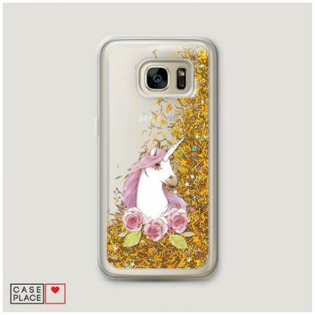 Чехол Жидкий с блестками Samsung Galaxy S7 Единорог с розовой гривой