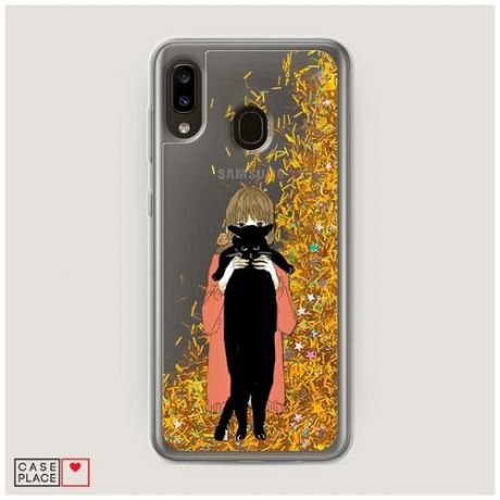 Чехол Жидкий с блестками Samsung Galaxy A30 Большой черный кот