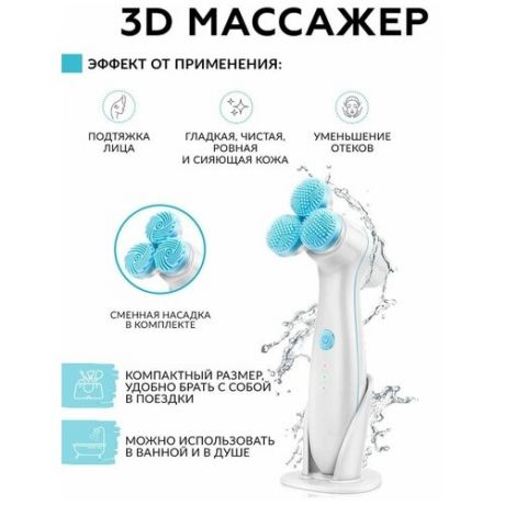 3D Массажная щёточка для лица с вращающейся насадкой Smart massage cleansing machine (голубая)