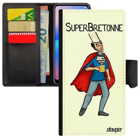 Необычный чехол-книжка для // iPhone 12 // "Супербретонка" Супергерой Веселый, Utaupia, черный