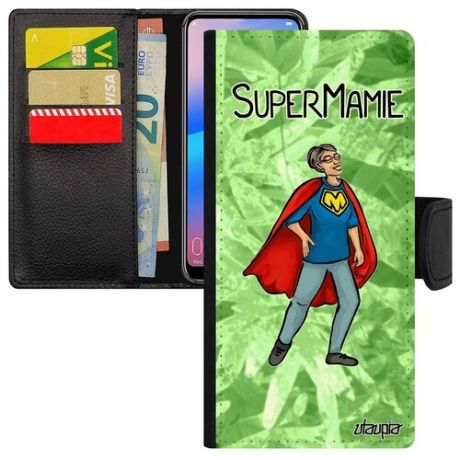 Красивый чехол-книжка для телефона // Apple iPhone 12 Pro Max // "Супербабуля" Супергерой Смешной, Utaupia, синий