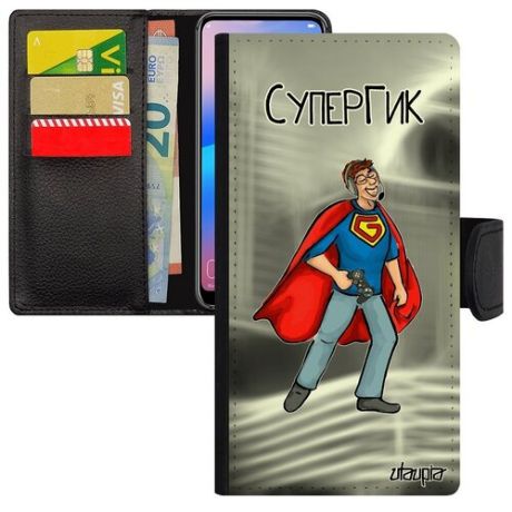 Защитный чехол-книжка для мобильного // Apple iPhone 11 // "Супергик" Юмор Видеоигра, Utaupia, серый