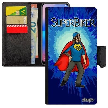 Красивый чехол-книжка на телефон // Apple iPhone 12 // "Супербайкер" Мотоциклист Супергерой, Utaupia, черный