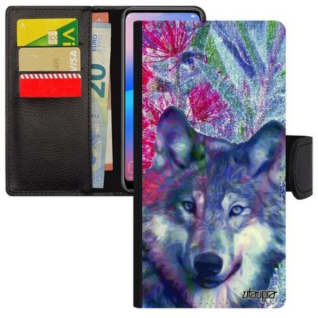 Противоударный чехол-книжка для телефона // Apple iPhone 12 // "Дикий волк" Дизайн Охота, Utaupia, фиолетовый