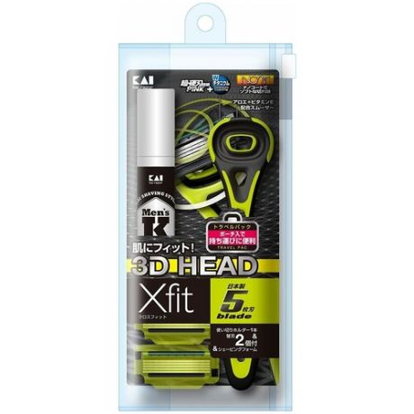 Kai x-fit travel pack набор для бритья: держатель + сменные насадки с 5-ю лезвиями и увлажняющей полосой, 2 шт. + пена для бритья, 12 гр. + косметичка