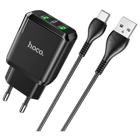 Адаптер питания Hoco N6 Charmer dual port QC3.0 charger с кабелем Type-C (2USB: 5V max 3.0A) 18W Черный