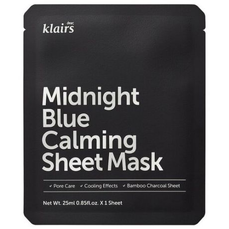 Dear, Klairs Маска для лица тканевая с охлаждающим эффектом - Midnight blue calming sheet mask, 25мл