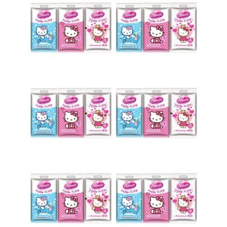 SMILE Влажные салфетки Hello Kitty 3 дизайна, 15 шт/уп , 6 уп