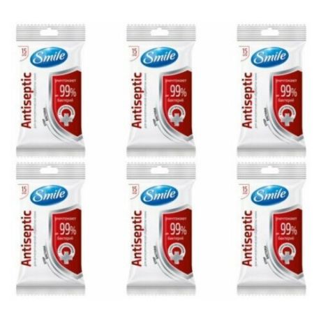 Влажные салфетки SMILE Antiseptic с хлоргексидином 6 упаковок по 15 шт