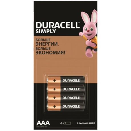 Батарейки комплект 4 шт. (отрывной блок), DURACELL Simply, ААА (LR03, 24А), алкалиновые, мизинчиковые, 5009140