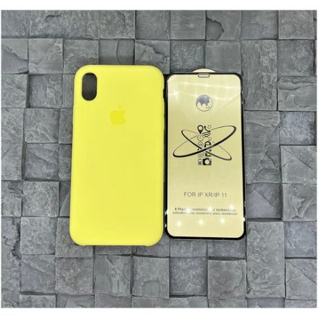 Комплект чехол и стекло, Силиконовый Чехол для Apple iPhone XR (Ярко-Желтый) + Защитное стекло 9D