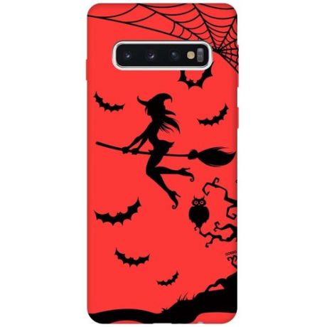 Силиконовая чехол-накладка Silky Touch для Samsung Galaxy S10 с принтом "Witch on a Broomstick" красная