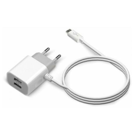 Универсальное зарядное устройство от сети 220В UC- C14 (2 USB- портa, 2.1А, встроенный кабель USB Type- C) Цвет - белый
