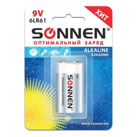 Батарейка SONNEN Alkaline Крона 6LR61 оптимальный заряд, 1 шт.