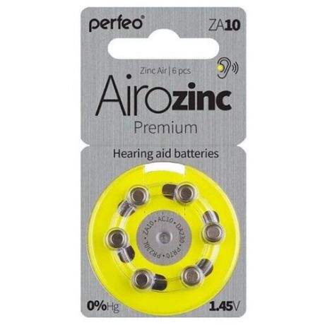 Батарейки для слуховых аппаратов ZA10 воздушно-цинковая Perfeo ZA10/6BL Zinc Air 6 шт