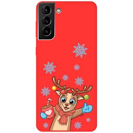 Силиконовая чехол-накладка Silky Touch для Samsung Galaxy S21 Plus с принтом "Christmas Deer" красная