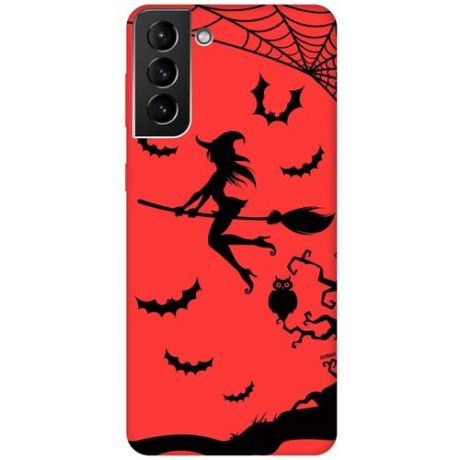 Силиконовая чехол-накладка Silky Touch для Samsung Galaxy S21 Plus с принтом "Witch on a Broomstick" красная
